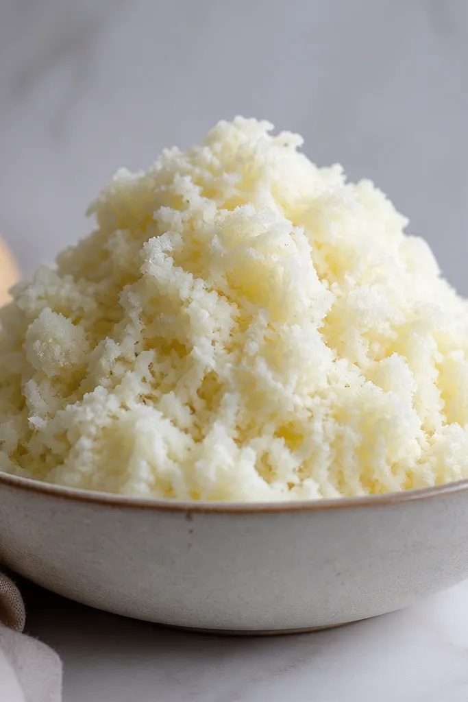 A mound of mashed potatoes with fine, fluffy strands from a potato ricer, piled high in a shallow dish; the surface looks like soft snow.