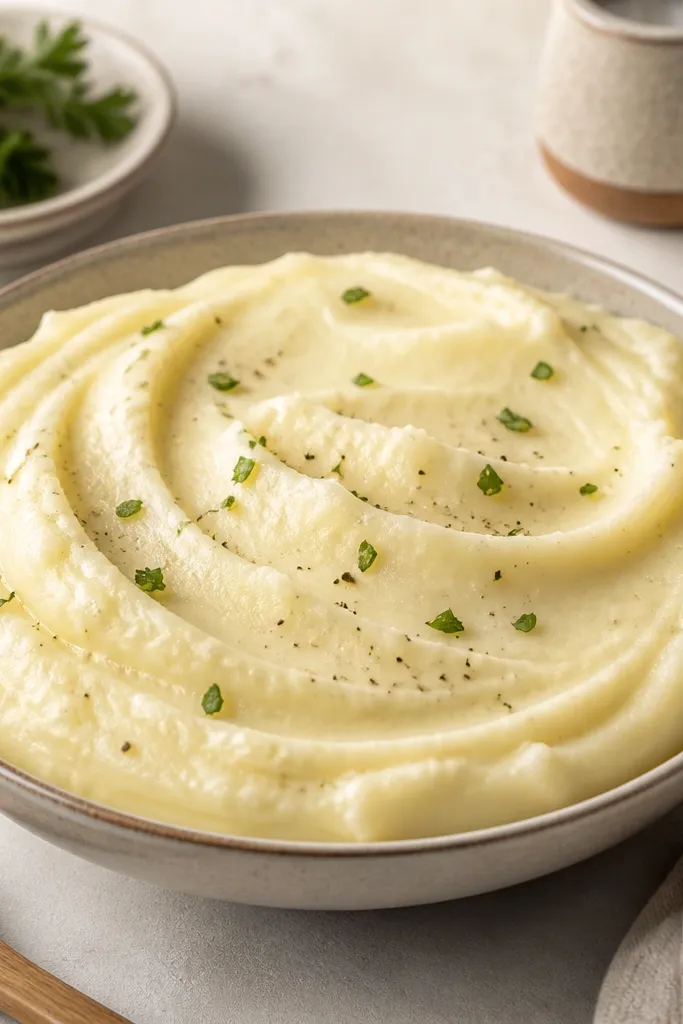 Mashed potatoes poured into a shallow serving bowl so they gently drape outward; the surface is smooth with a few gentle ripples.