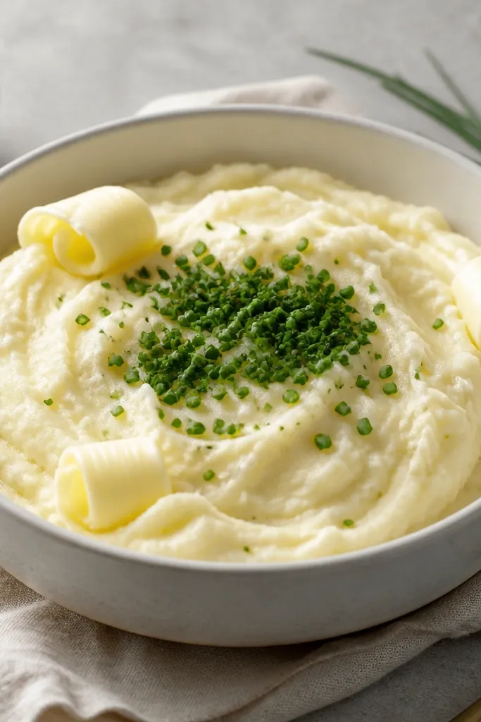 A bowl of mashed potatoes with a green sprinkle of chopped chives over the center, plus a few butter curls on the edges.