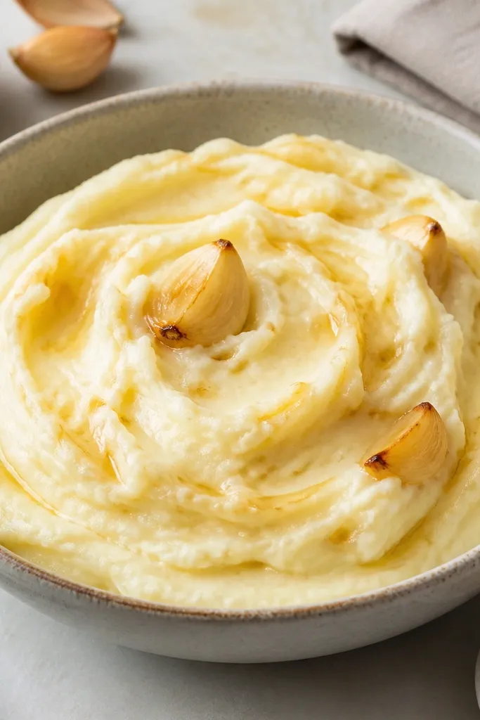 Mashed potatoes with a pale golden swirl of roasted garlic paste mixed through, with a few roasted garlic cloves visible on top.