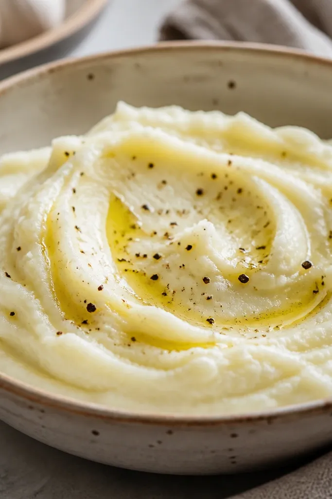 Mashed potatoes topped with a light dusting of cracked pepper and a single drizzle of olive oil that catches the light.