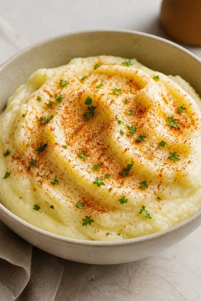 A bowl of mashed potatoes with a warm reddish-brown dusting of smoked paprika over the top, plus a small sprinkle of chopped parsley.
