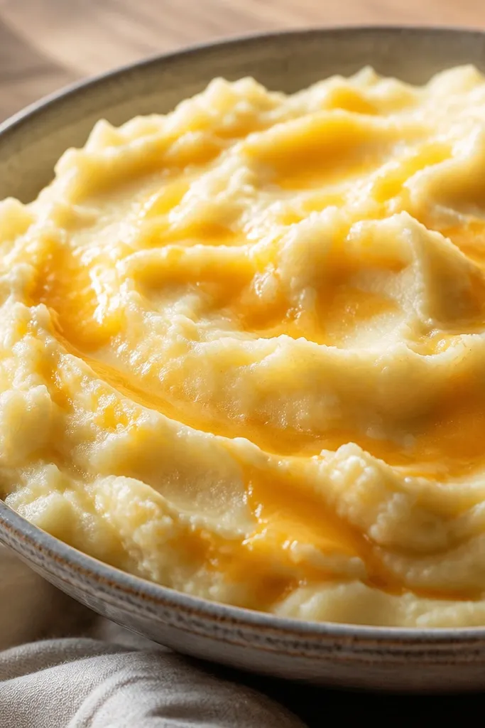 Mashed potatoes with visible pale-yellow cheddar ribbons and small melted cheese pockets on the surface.