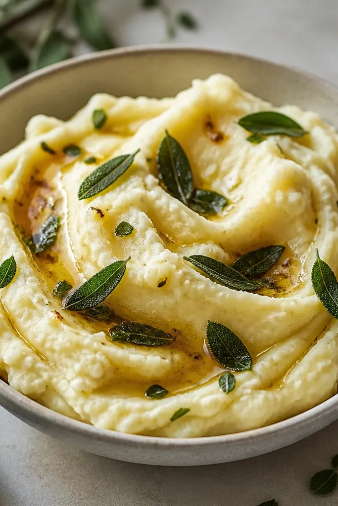 Mashed potatoes topped with golden brown butter and crisp sage leaves, with a few tiny sage fragments scattered.