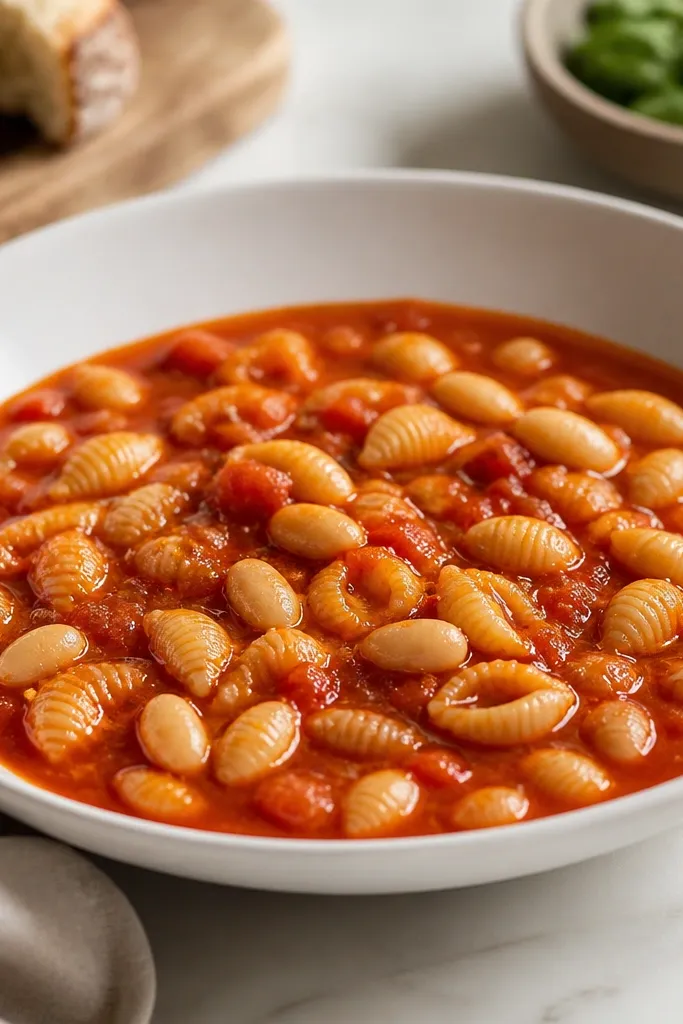 A white shallow bowl filled with red pasta fagioli. You can see cannellini beans dotted through the sauce, small pasta shells coated in glossy tomato broth, and a final drizzle of olive oil pooling slightly on top.