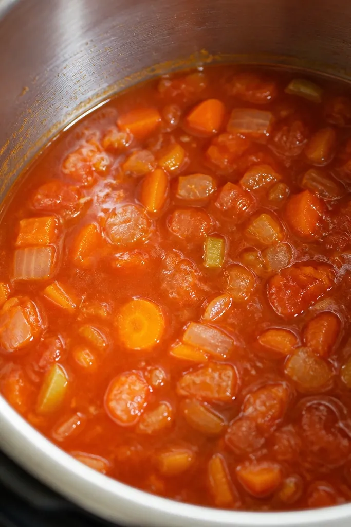 A close-up of the Instant Pot inner steel pot showing softened onion, carrot, and celery pieces mixed into red sauce. The vegetables look soft and glossy, not browned, with tiny oil sheen around the edges.
