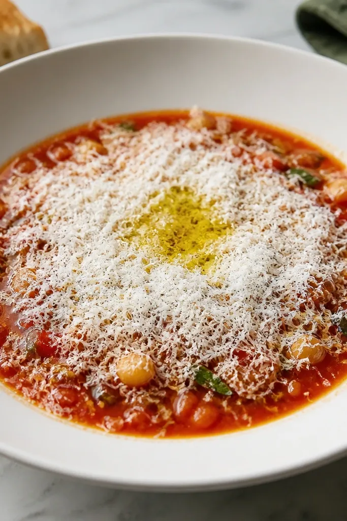 A plated bowl with a generous mound of finely grated cheese on top, plus a small pool of olive oil in the center. The cheese looks dry and snowy against the glossy red broth.