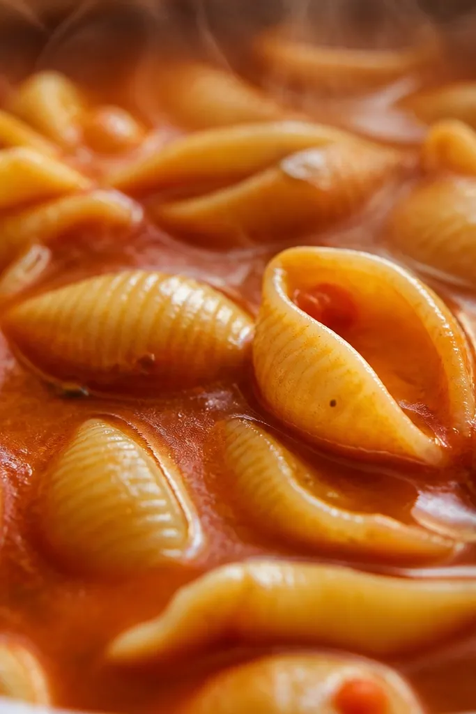 A close-up of pasta shells suspended in red broth. The shells sit in the sauce with a light coating, and you can see steam rising. There are no dry pasta edges.