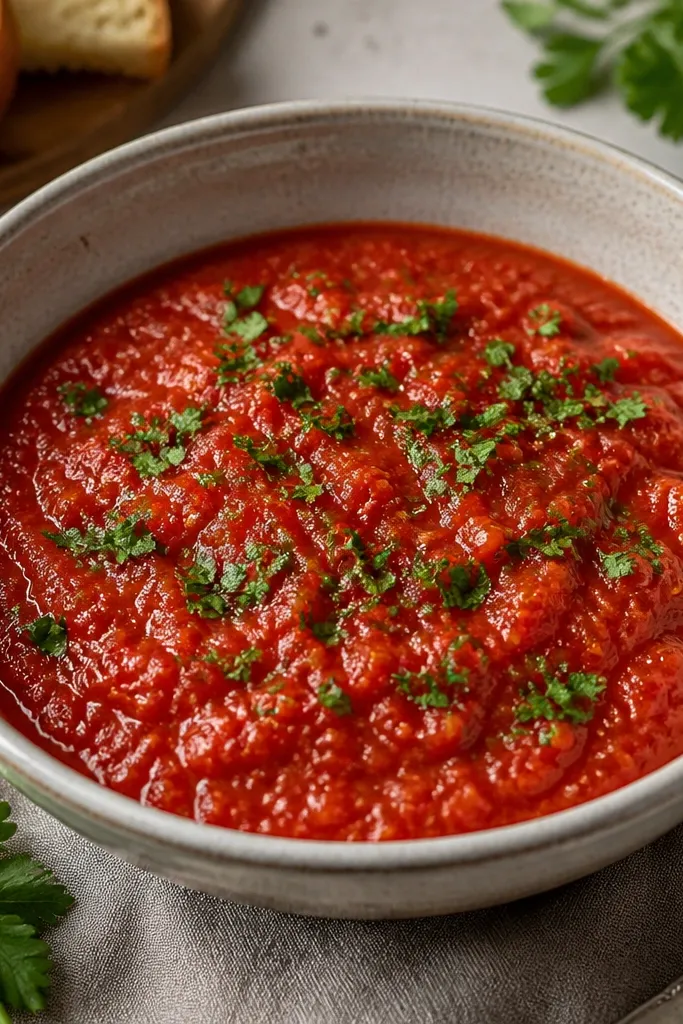 A bowl with green parsley scattered over the red sauce. The parsley pieces are small and fresh-looking, with no wilting or dark mush.