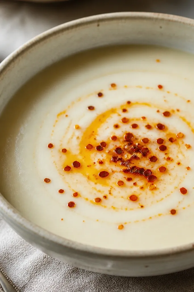 A small pool of red pepper flakes and olive oil on the surface of the soup, with a faint orange swirl. The bowl shows a glossy surface with scattered flakes.