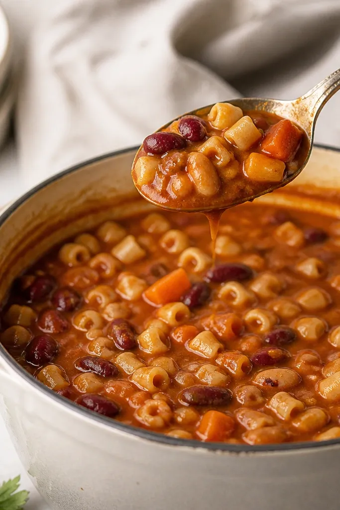 A spoon held above the pot shows thick sauce clinging to it. Beans are visible and whole, not broken into paste, and pasta pieces look intact.