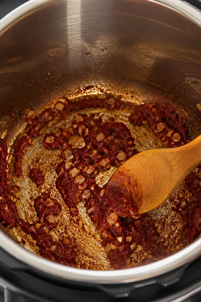 A photo of the Instant Pot during sauté stage: tomato paste has turned a darker brick red and garlic bits look lightly fragrant. The bottom has a thin caramelized film.