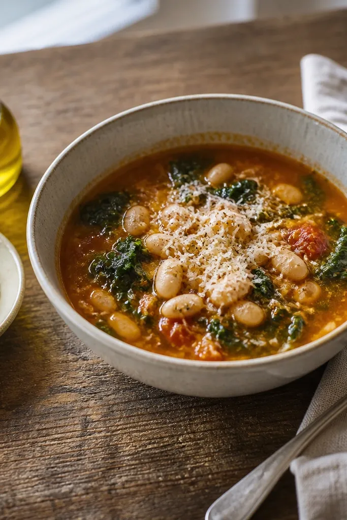 A small dish next to the soup filled with grated cheese and a tiny bottle or ramekin of olive oil. The table setting looks casual with a spoon and a napkin.