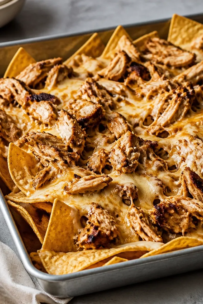 A metal nacho tray packed with tortilla chips. On top, shredded chicken pieces are dark brown at the edges with visible specks of black pepper and allspice. Melted cheese is bubbling in glossy strands between chips.