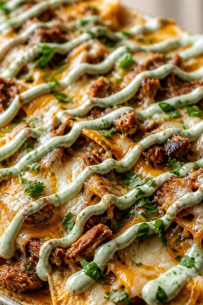 A close-up of nachos with a pale green-white crema drizzled in thin zigzag lines across melted cheese. The crema catches light and contrasts with dark chicken and golden chips.