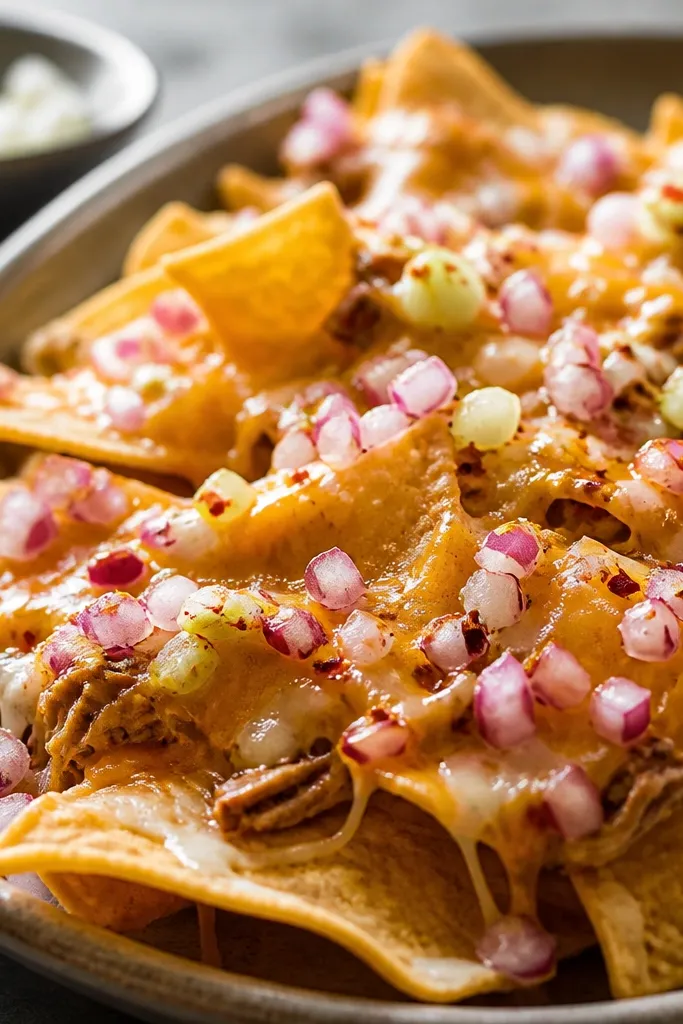 Nachos topped with small, translucent red onion pieces scattered like confetti. They look glossy and slightly pink, with tiny white cucumber bits and a few pepper flakes.