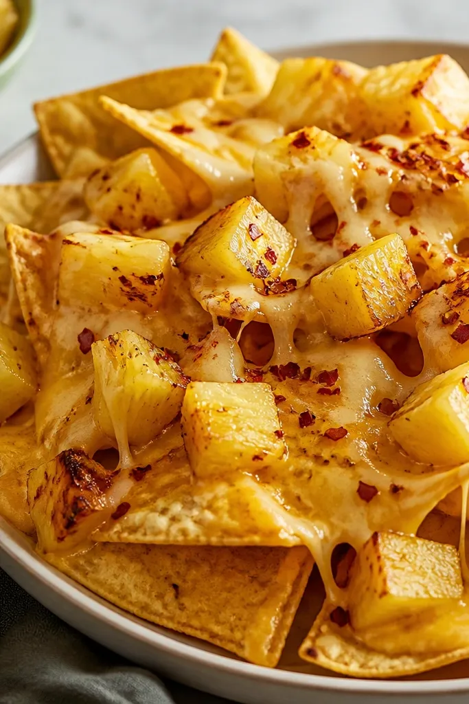 Nachos topped with small, glossy pineapple chunks that are caramelized at the edges. The pineapple pieces sit between chips and melted cheese, with a few red pepper flakes sprinkled over.