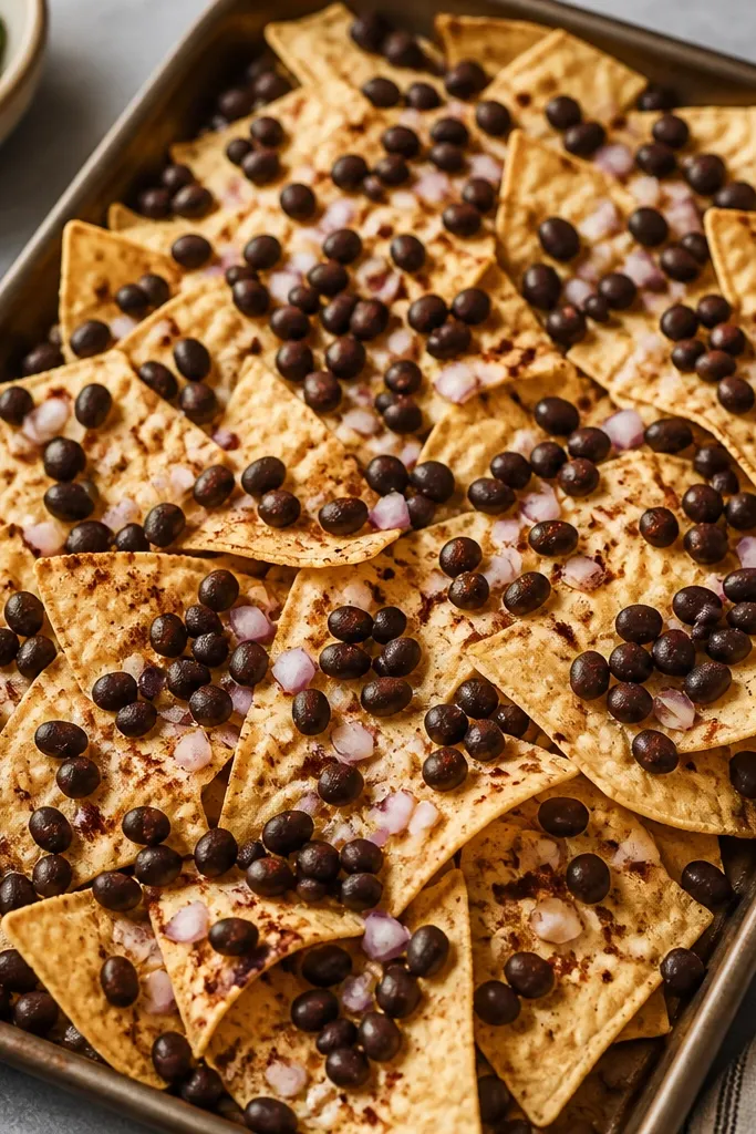 A nacho tray where black beans are sprinkled across the chips before baking. The beans look matte and dark, with a few visible onion bits and chili powder dusting.