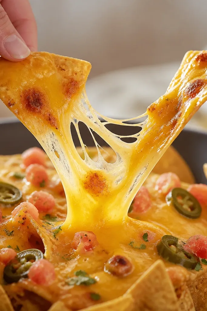 A serving moment photo: two chips pulled apart with stretchy cheese strands. The cheese is golden and creamy, with darker cheddar spots where it browned slightly.