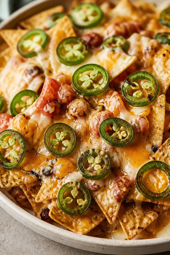 Nachos topped with thin jalapeño rings, some with seeds, scattered in a loose pattern. The rings look glossy and green, with a few charred spots where they were quick-cooked.