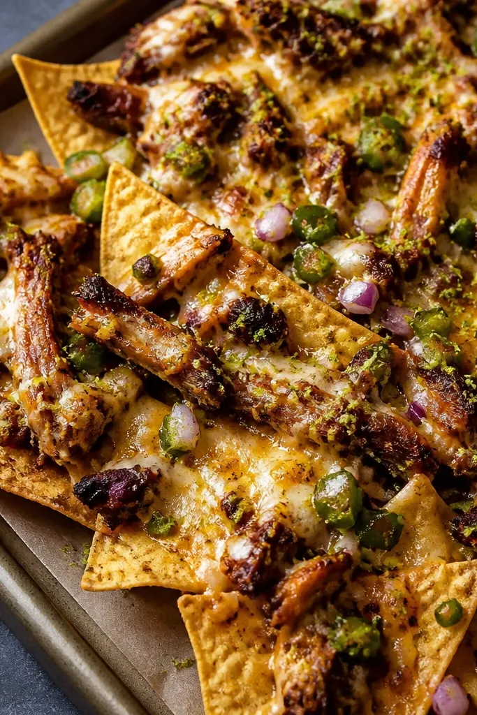A close view of nachos with tiny flecks of lime zest and a light dusting of smoked seasoning over the top. The flecks are bright yellow-green against dark chicken and melted cheese.