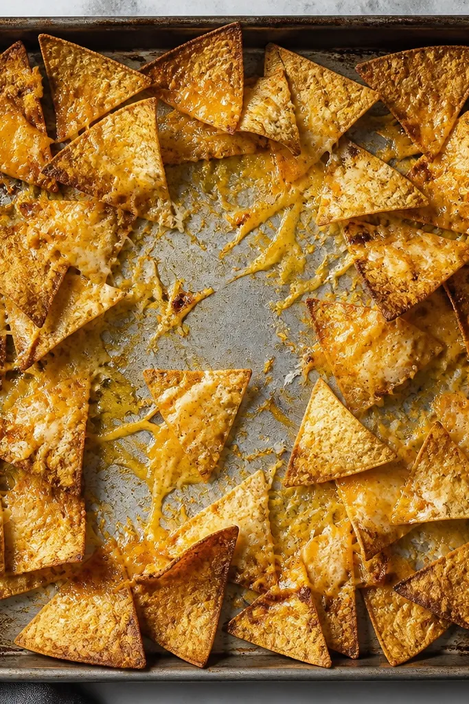 A tray shot showing chips arranged with lots of visible gaps in the center and more chips around the edges. The edges look darker and crisp, while the center has melted cheese coverage.
