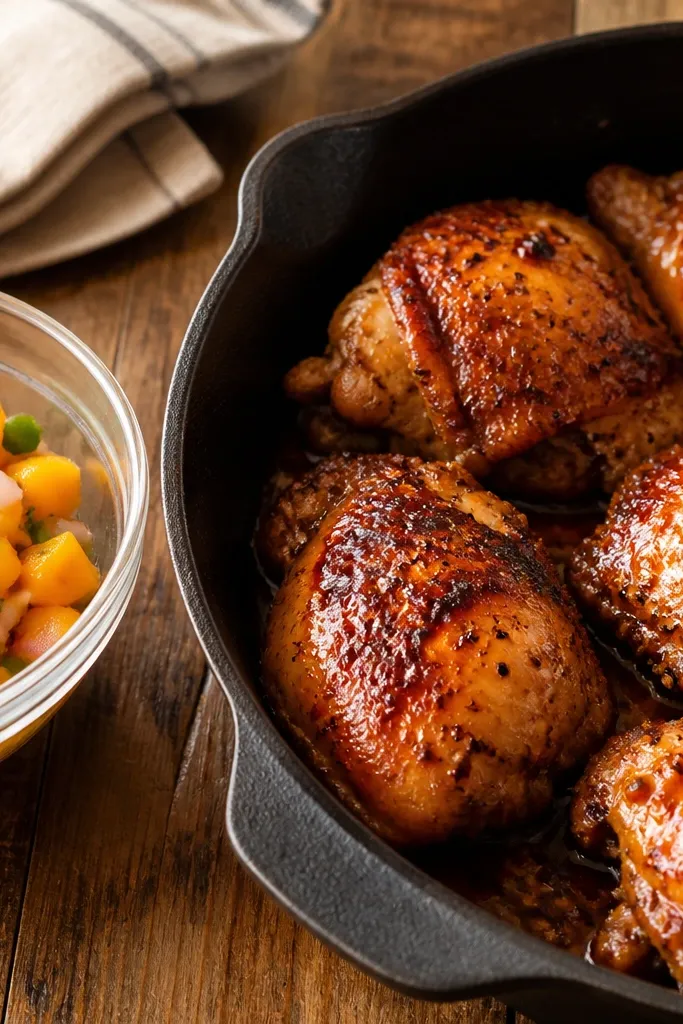 A cast-iron skillet with browned chicken pieces on the right, and a glass bowl of orange mango salsa on the left. The salsa has visible diced mango, red onion, and green jalapeño. Warm kitchen lighting makes the chicken look glossy and the salsa look fresh.