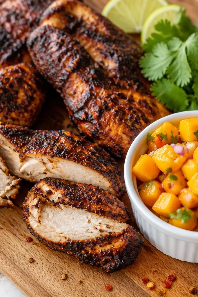 Chicken with dark char spots and visible chili flakes on a cutting board, with mango salsa spooned into a small ramekin. The salsa looks chunky with bright orange cubes and tiny red onion pieces.