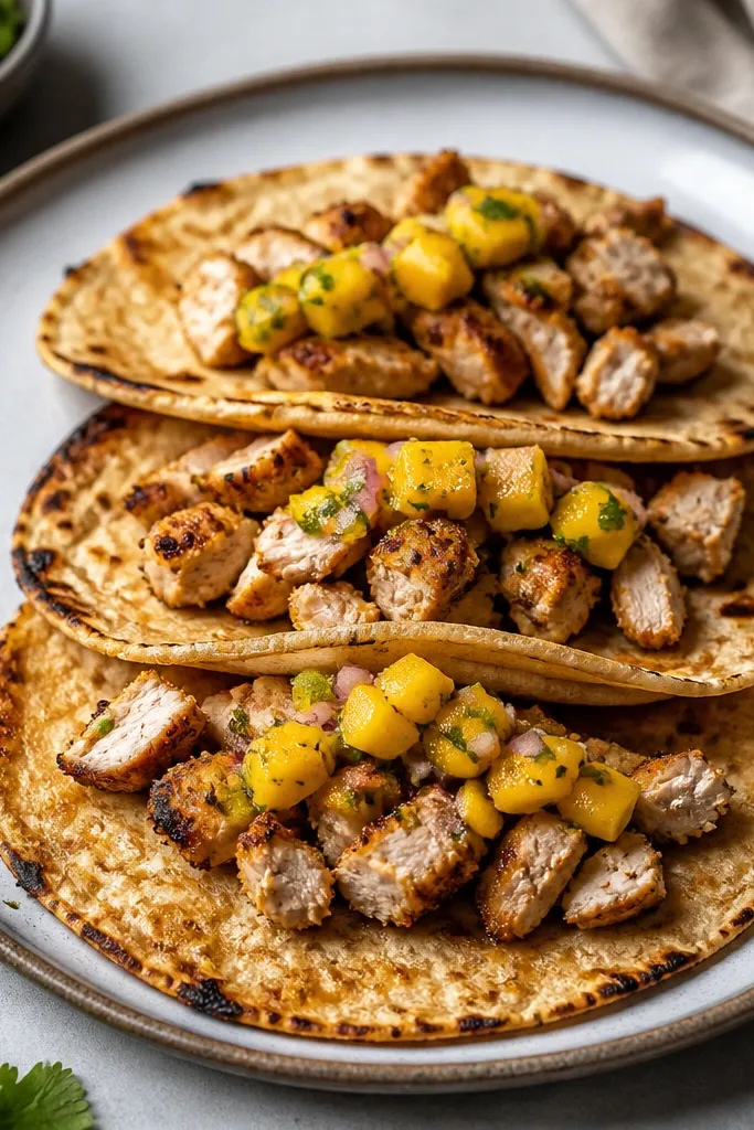Three tacos stacked on a plate. The tortillas show crisp browned edges, chicken is chopped and piled in the center, and mango salsa is drizzled in a thin line across the top.
