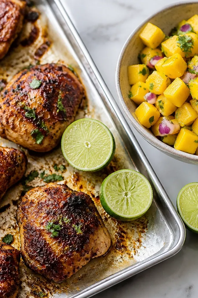 A sheet pan lined with foil or parchment with browned chicken pieces and sliced lime halves nearby. Beside it is a bowl of mango salsa with diced mango, red onion, and cilantro.