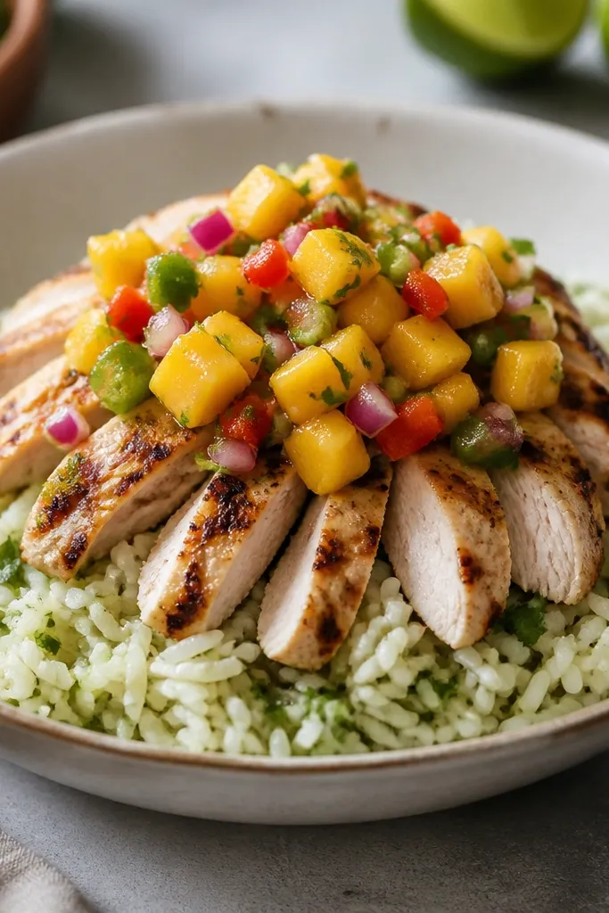 A bowl of cilantro rice topped with sliced chicken and a spoonful of mango salsa. The salsa sits on top like a mound, showing distinct orange, green, and red pieces.