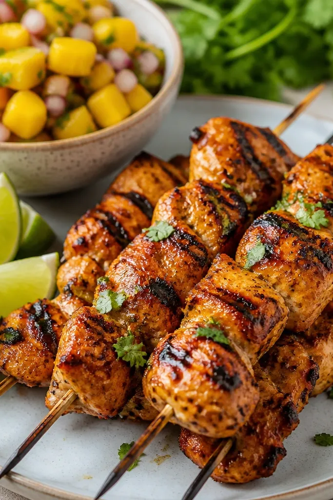 Wooden or metal skewers with grilled-looking chicken pieces, with a bowl of mango salsa in the background and lime wedges on the side. The chicken has grill marks and slight caramelization.