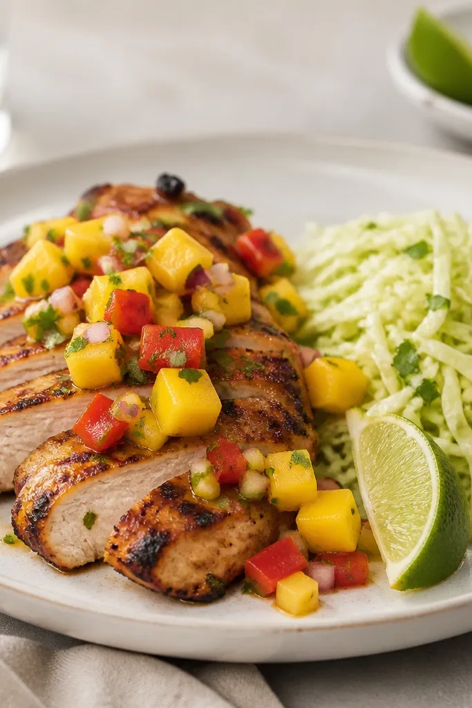 A plate with sliced chicken and mango salsa, plus a small side of shredded cabbage with lime. The cabbage looks pale green with glossy dressing, while salsa remains chunky.