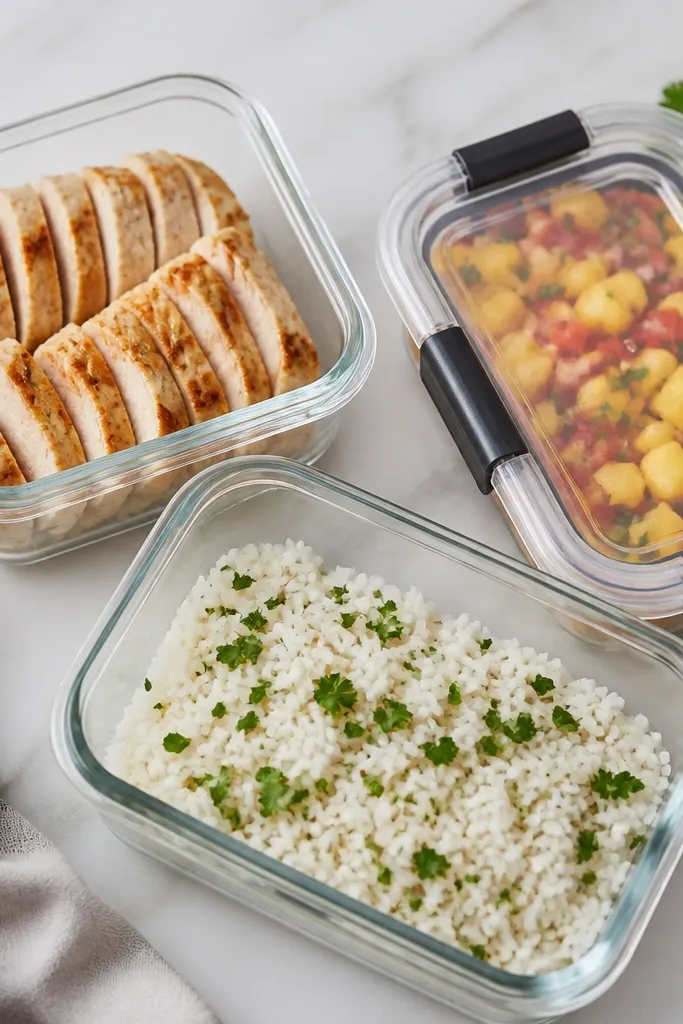 Three meal prep containers: one with cooked sliced chicken, one with diced mango salsa, and one with rice or greens. The salsa container lid is on, showing no mixing with chicken.