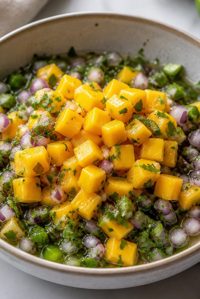 A bowl where diced mango forms a bright mound in the center. Surrounding it are chopped cilantro, finely diced red onion, and flecks of jalapeño. The edges show lime juice pooling slightly.