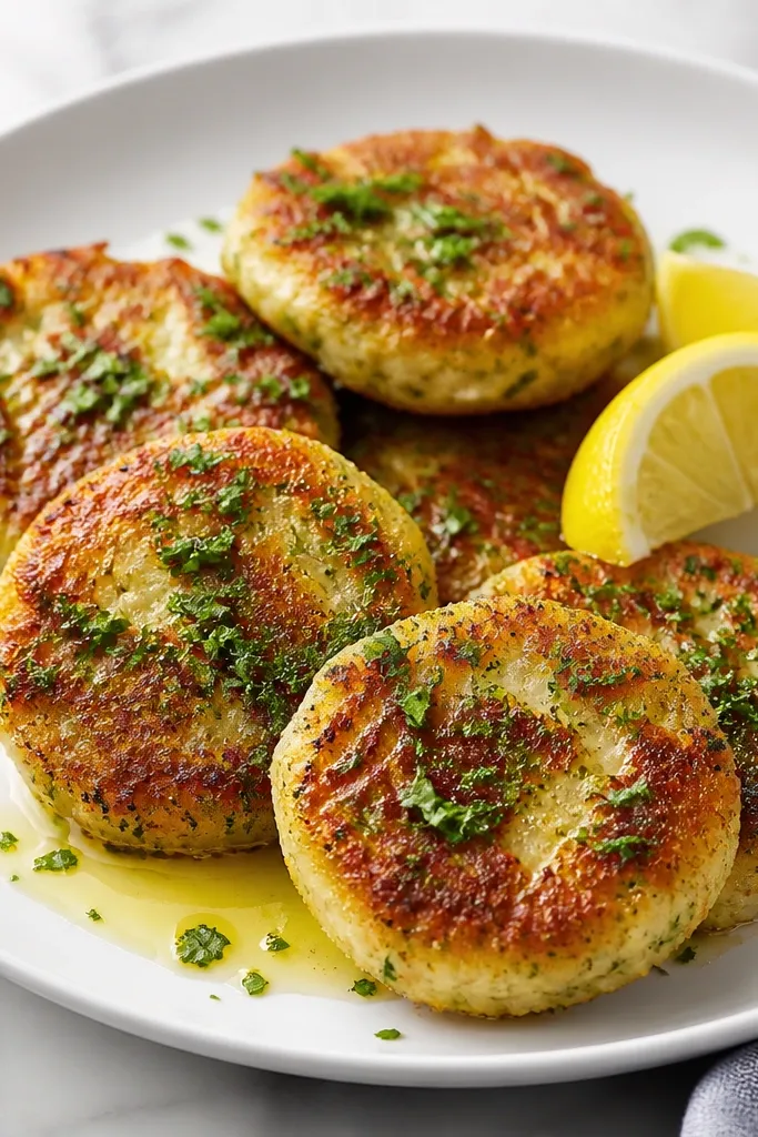 Golden-brown mashed potato patties on a white plate, glossy garlic butter pooling in small streaks, chopped parsley sprinkled on top, with a side of lemon wedges.