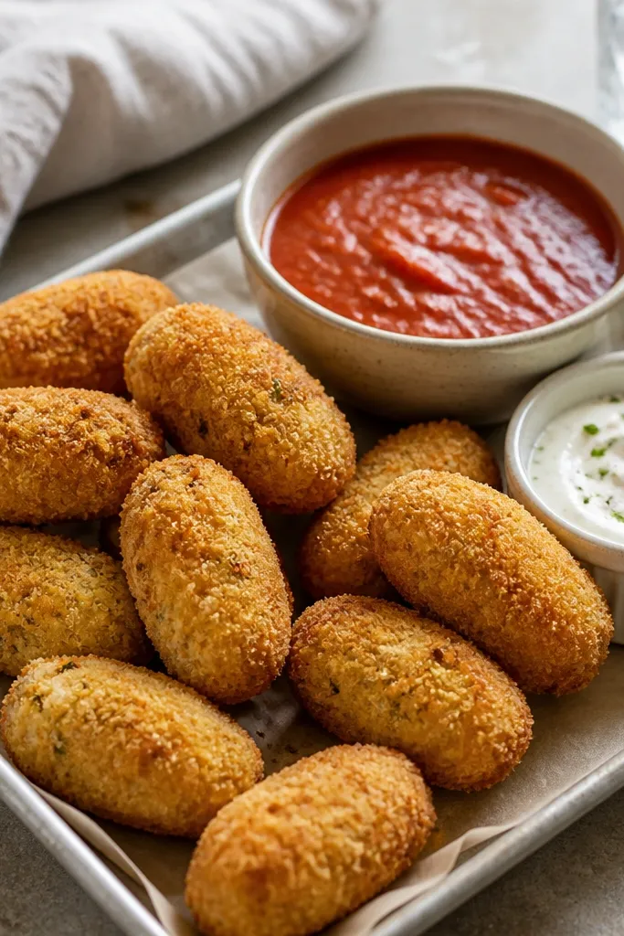 A tray of croquettes coated in golden crumbs, slightly uneven and hand-rolled, with a bowl of marinara and a small ramekin of sour cream beside them.