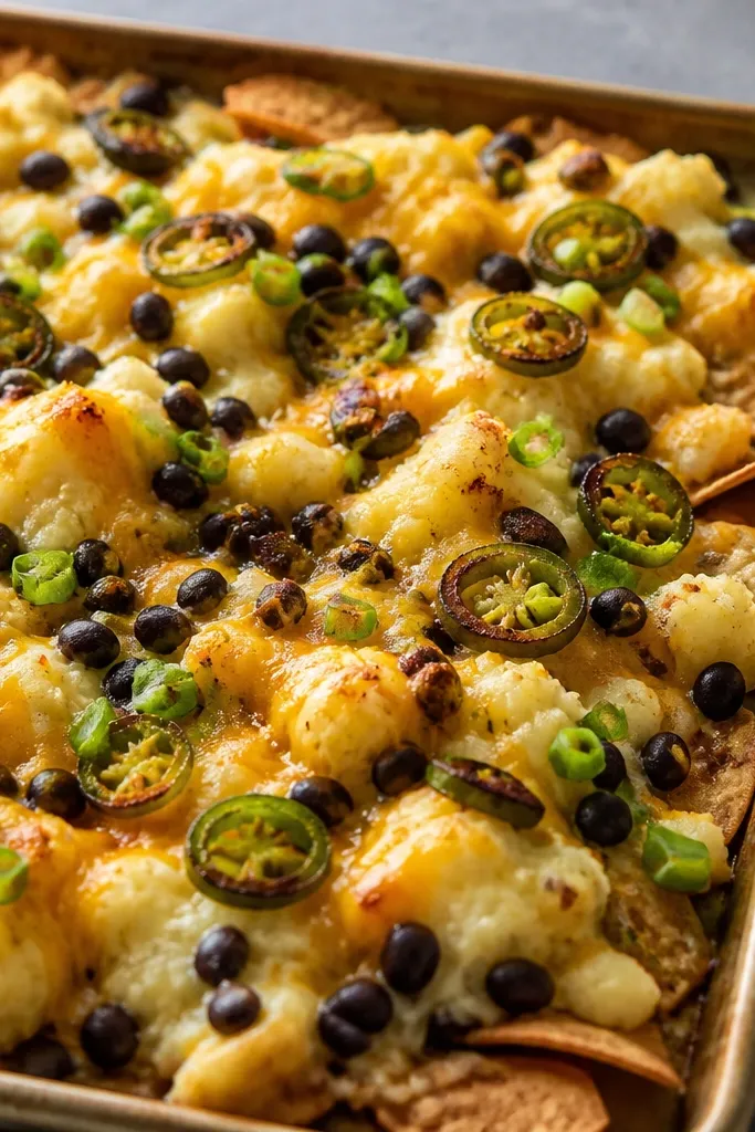 A sheet pan covered in dollops of mashed potatoes topped with melted cheese, black beans, roasted jalapeño slices, and green onion, with a few tortilla chips peeking through.