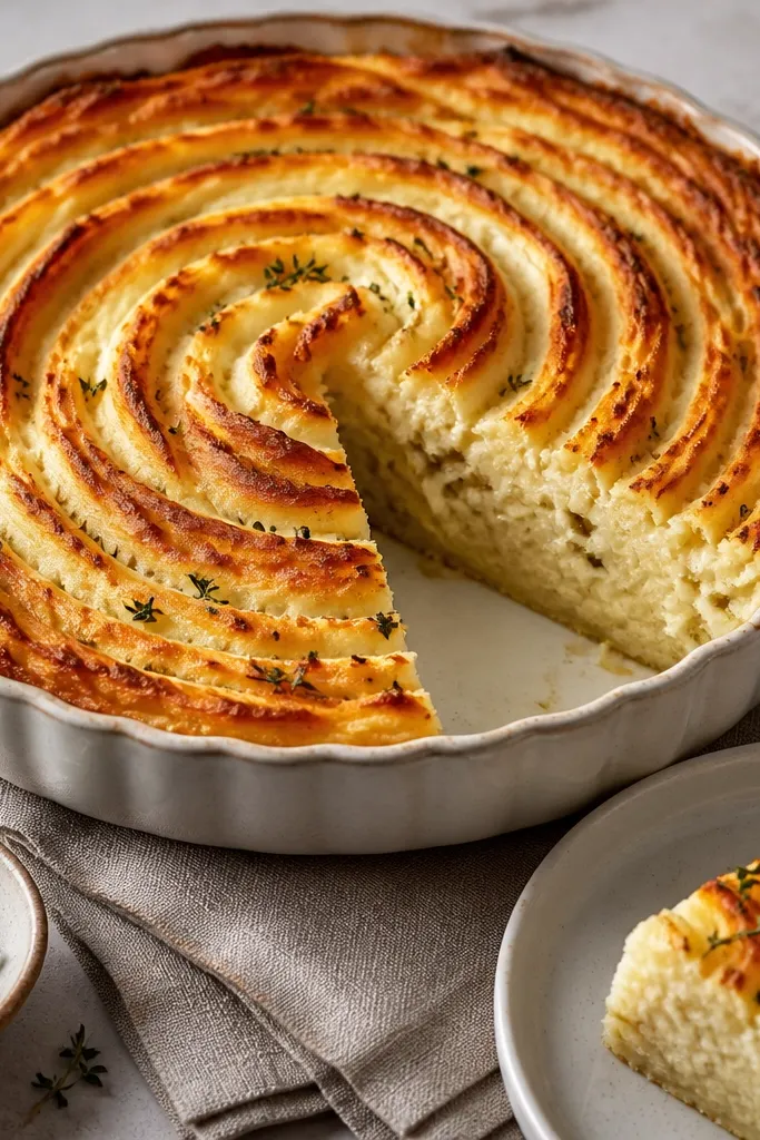 A spiral pattern of mashed potato swirls baked in a round dish, browned on top with visible thyme flecks, served in neat slices.