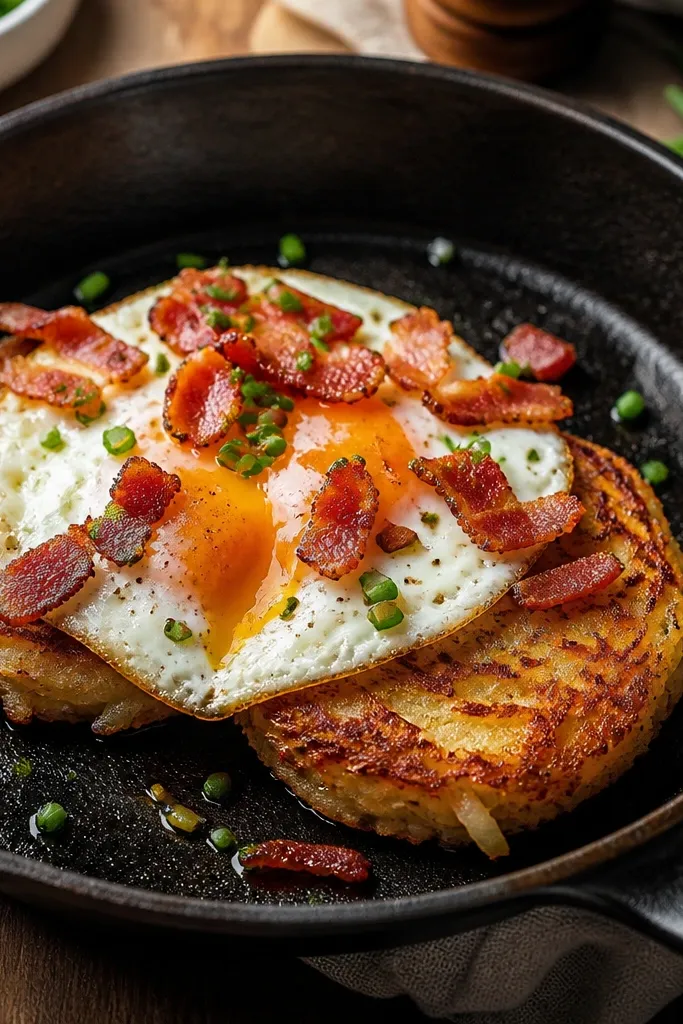 Two browned hash cakes topped with a jammy fried egg, crisscrossed bacon bits, and a sprinkle of chives on a cast-iron skillet.