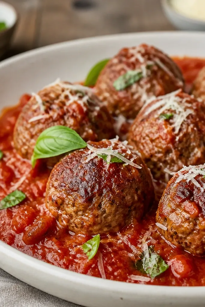 Juicy meatballs with a visible browned exterior nestled in red marinara, with a few basil leaves and grated Parmesan on top.