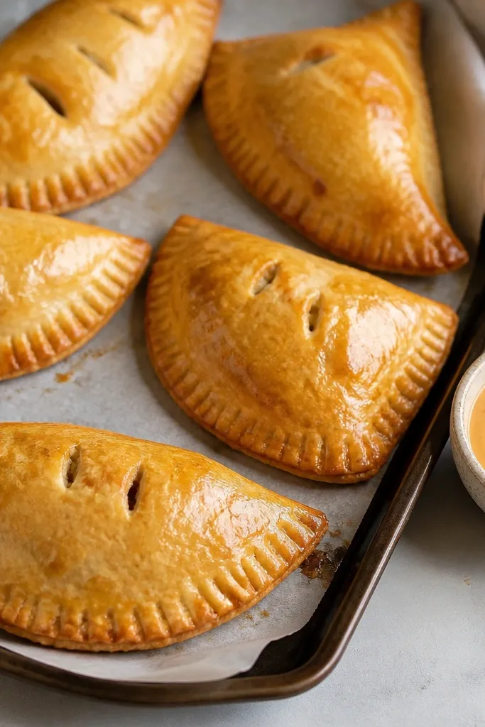 Golden hand pies with crimped edges on a baking sheet, with steam vents and a light egg-wash shine, plus a bowl of dipping sauce.