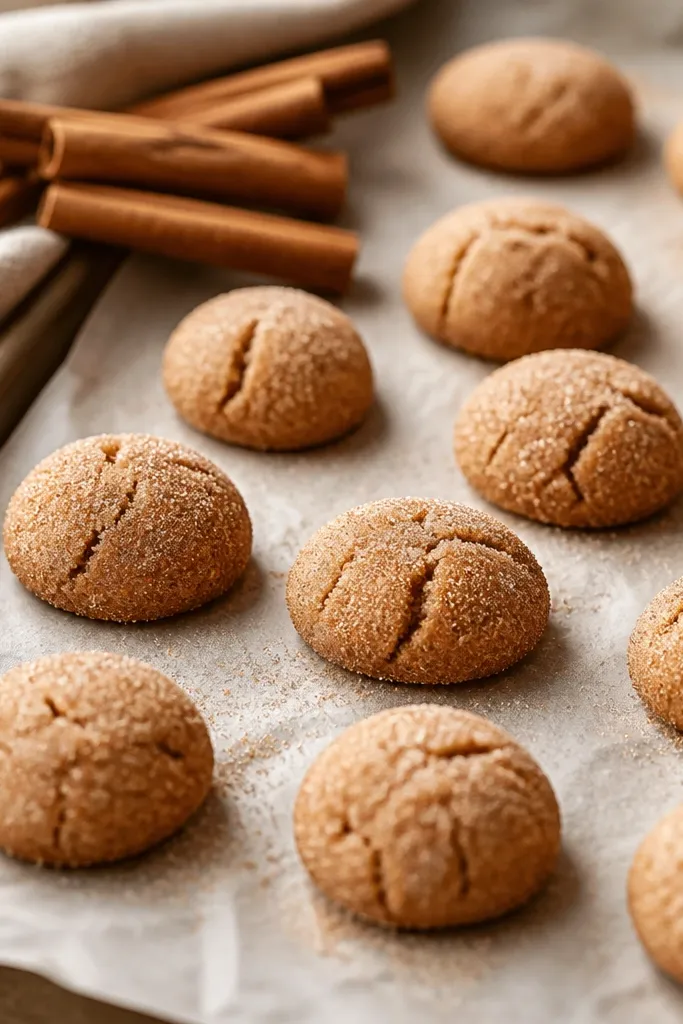 Small cinnamon-sugar bites on a parchment-lined tray, lightly cracked on top, with a dusting of sugar and a few cinnamon sticks in the background.