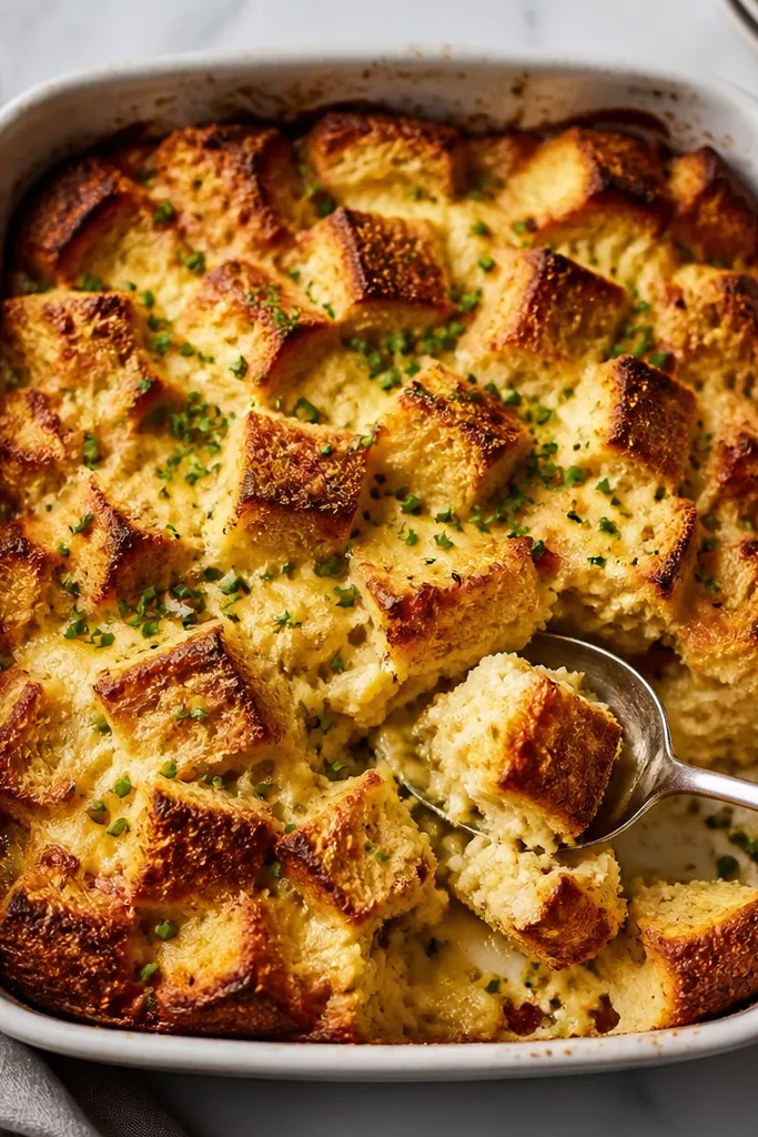 A square pan of baked bread pudding with browned corners and a custardy center, sprinkled with chives, served with a spoonful scoop.