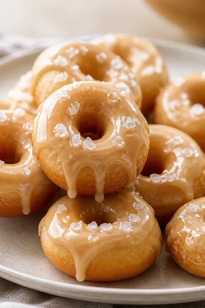 Handmade mini donuts with a pale golden color, glossy maple glaze drizzled on top, and a few flaky salt crystals scattered.