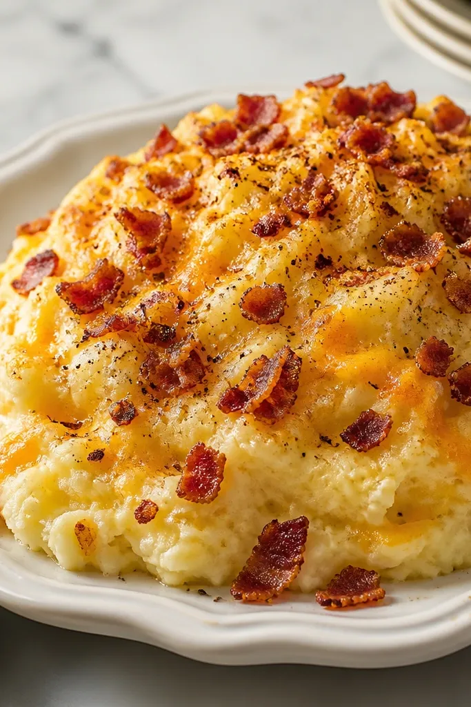 A large white platter with a tall mound of pale-gold mashed potatoes, the top browned and speckled from broiling. Thick cheddar shreds are melted across the peak, and black pepper and crumbled bacon are sprinkled around the sides.