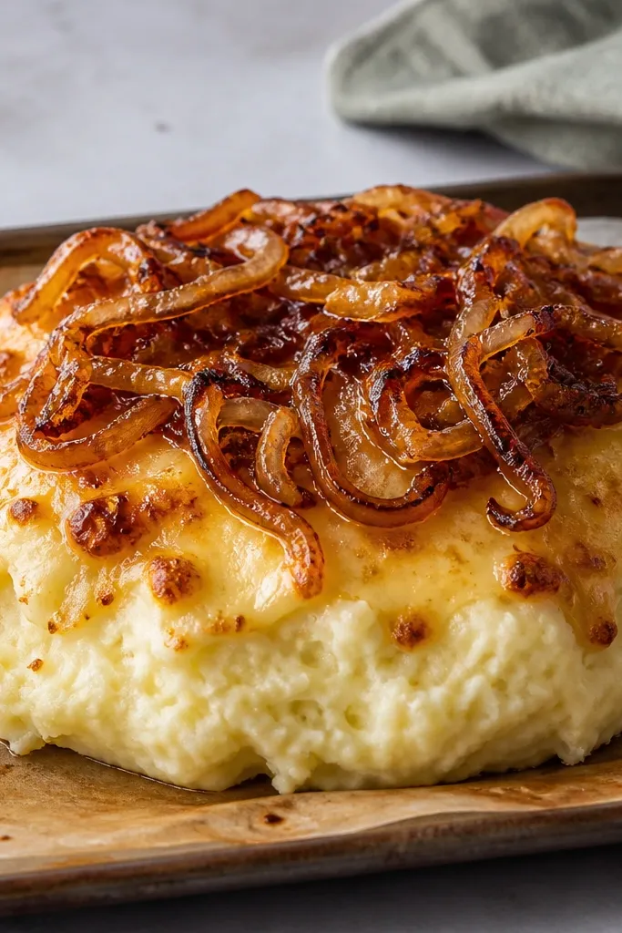 A parchment-lined baking sheet holding a mound of mashed potatoes. The top is covered in melted Gruyere with a light golden tint, and thick strands of deep amber caramelized onions sit like a crown over the cheese.