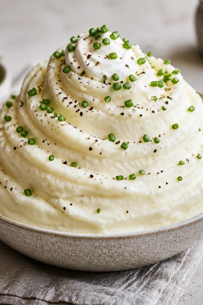 A tall, smooth mound of white mashed potatoes (whipped with extra dairy), finished with a swirl of sour cream. Green chives are scattered like confetti, and a few cracked black pepper spots are visible on top.