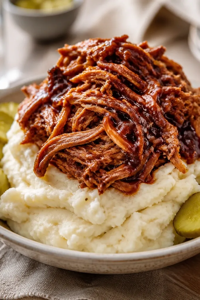 A casserole-style platter with a high mound of mashed potatoes. Pulled pork sits in fluffy strands on top, lacquered with a glossy BBQ sauce, and sliced pickles are placed on the sides like accents.