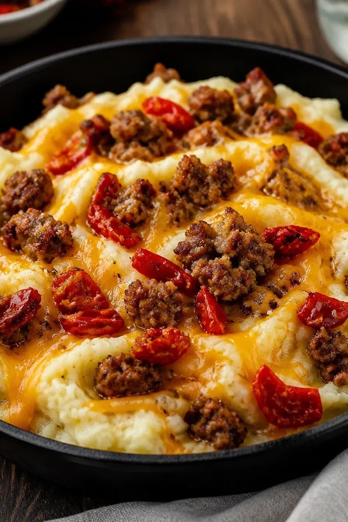 A dark-rimmed skillet with a mound of mashed potatoes. Pepper Jack melts into orange-tinted ribbons, and crumbled spicy sausage is scattered across the top with roasted red pepper pieces.